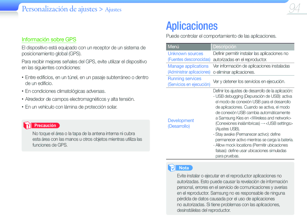 Samsung YP-G50CW/EDC manual Aplicaciones, Puede controlar el comportamiento de las aplicaciones 