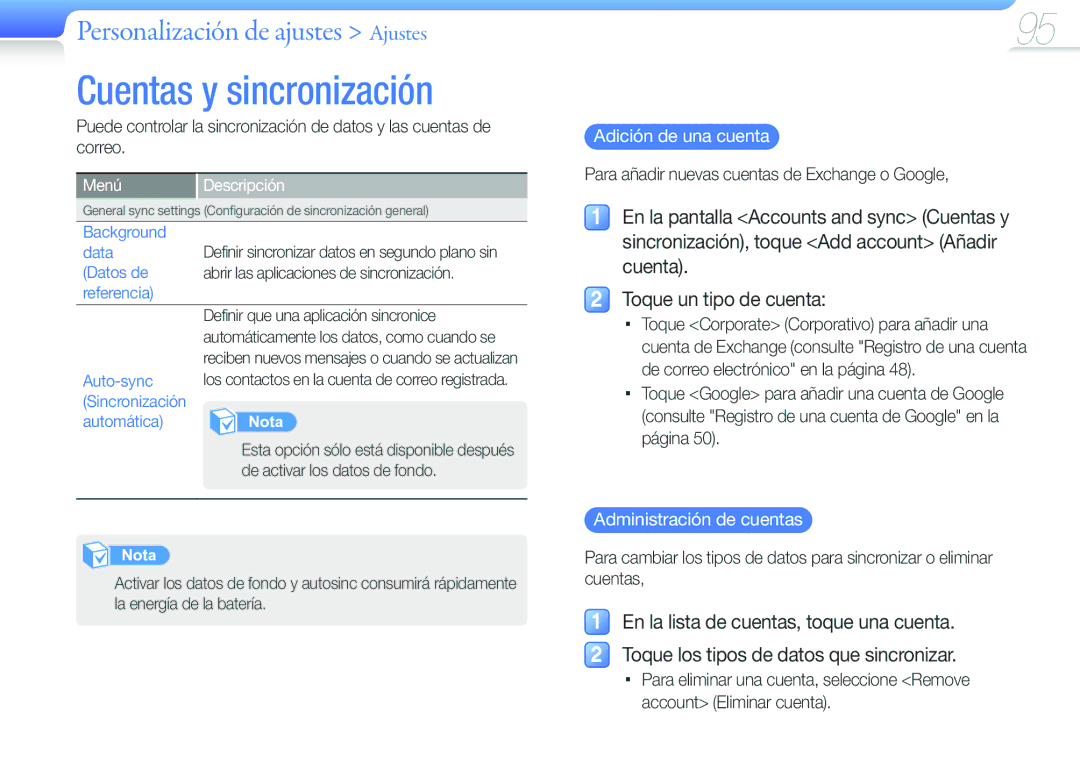 Samsung YP-G50CW/EDC Cuentas y sincronización, Adición de una cuenta, Para añadir nuevas cuentas de Exchange o Google 