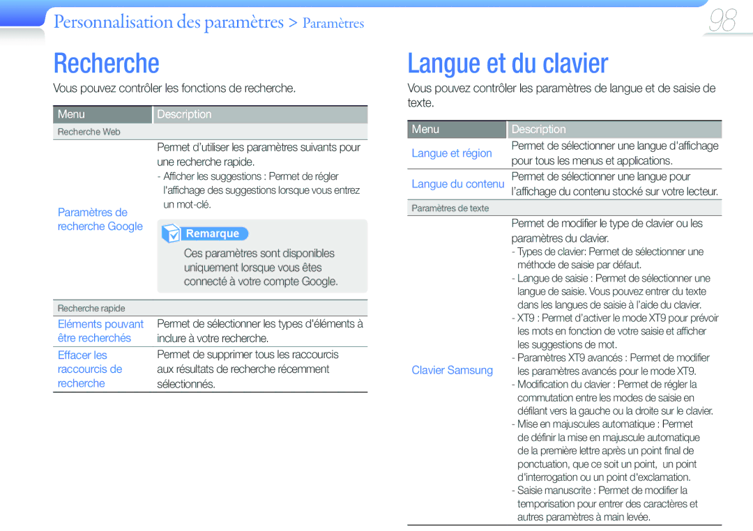 Samsung YP-G50EW/XEF, YP-G50CW/XEF manual Recherche, Langue et du clavier, Vous pouvez contrôler les fonctions de recherche 