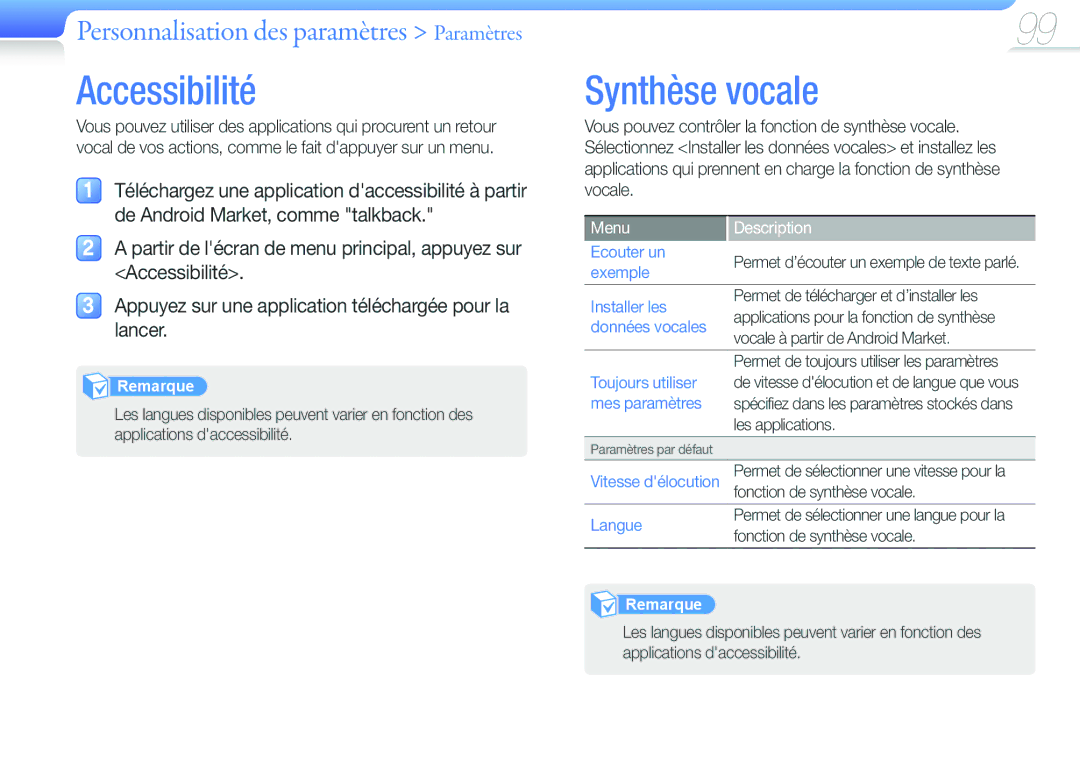 Samsung YP-G50CW/XEF, YP-G50EW/XEF manual Accessibilité, Synthèse vocale 