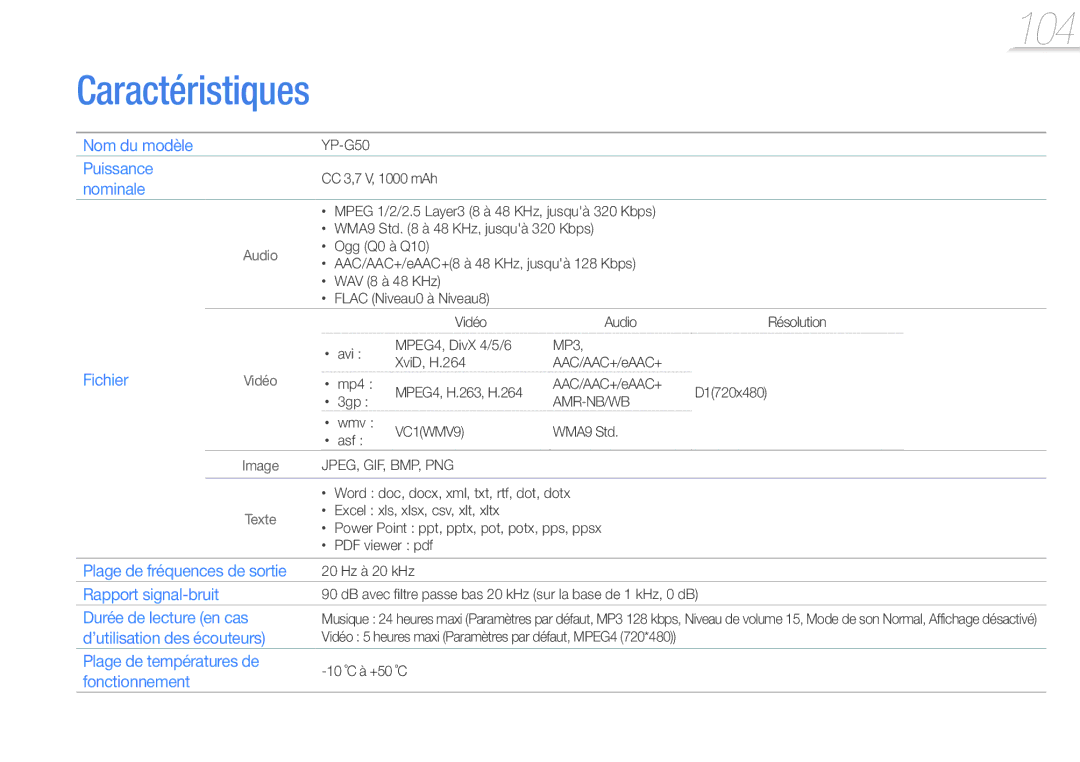 Samsung YP-G50EW/XEF, YP-G50CW/XEF manual Caractéristiques 