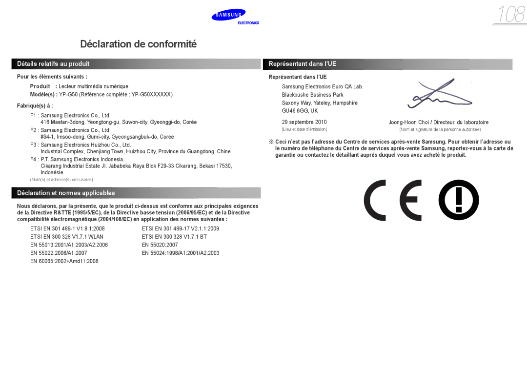 Samsung YP-G50EW/XEF, YP-G50CW/XEF manual 108 