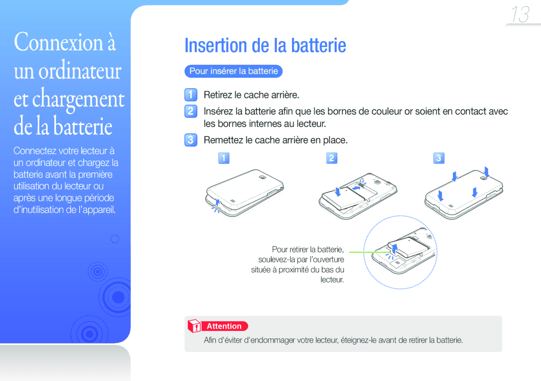 Samsung YP-G50CW/XEF, YP-G50EW/XEF manual Insertion de la batterie, Pour insérer la batterie 