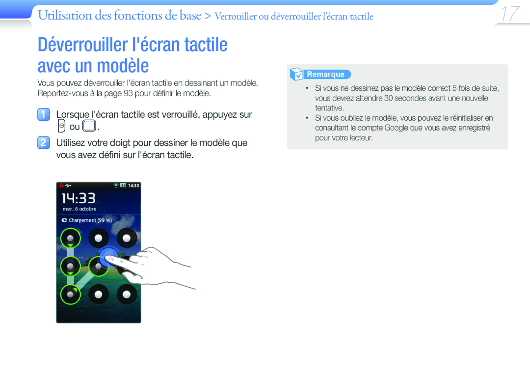 Samsung YP-G50CW/XEF, YP-G50EW/XEF manual Déverrouiller lécran tactile avec un modèle 