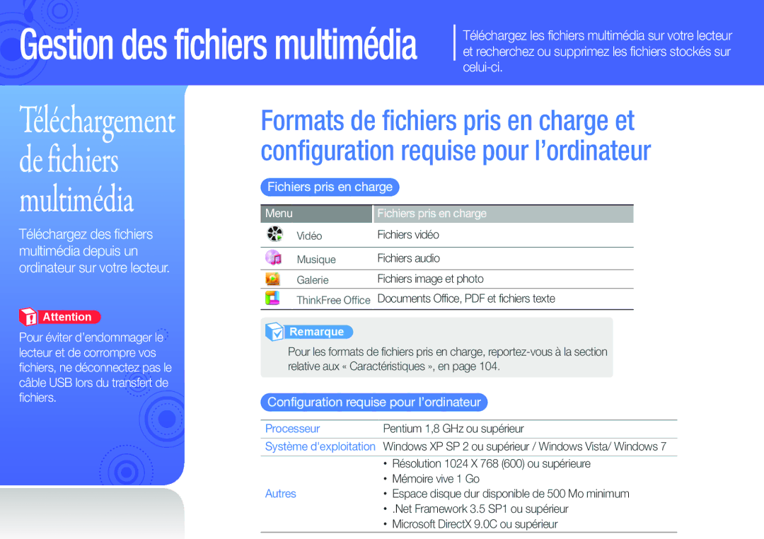 Samsung YP-G50CW/XEF, YP-G50EW/XEF Fichiers pris en charge, Configuration requise pour l’ordinateur, Processeur, Autres 