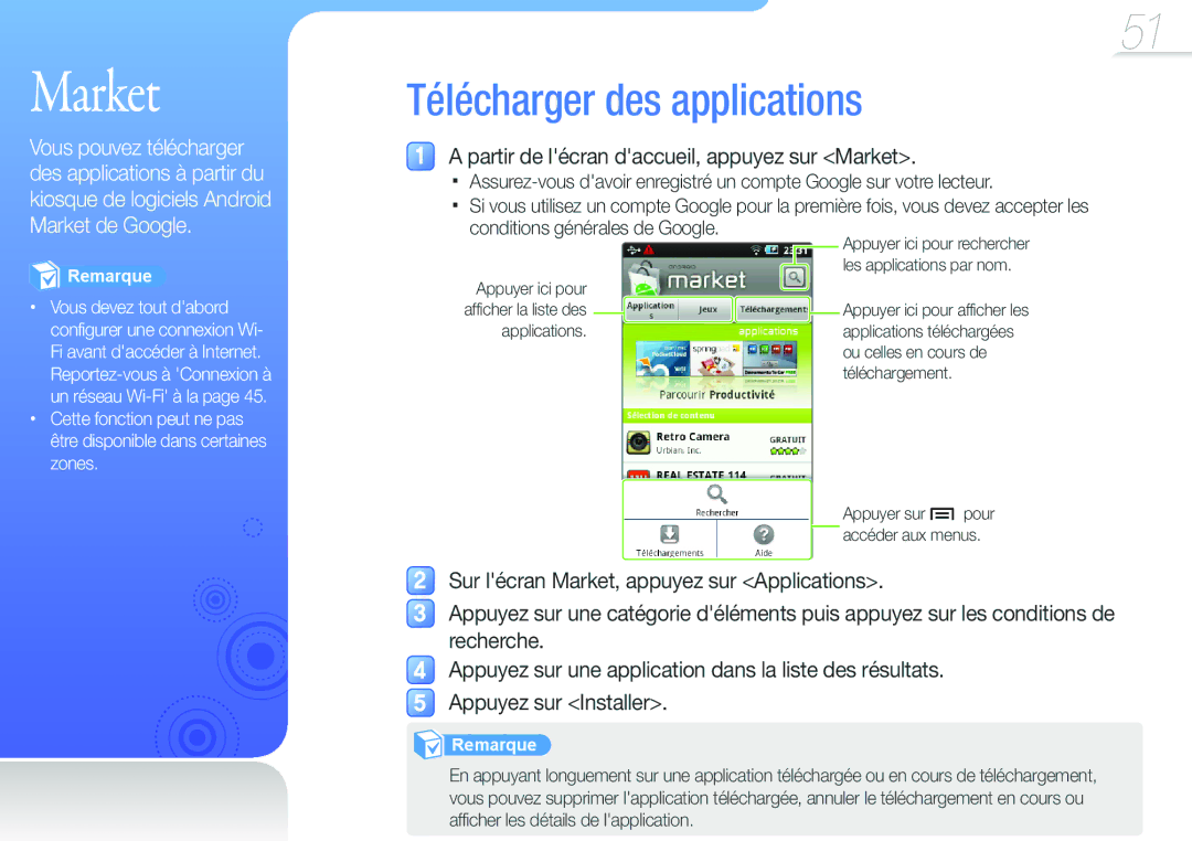 Samsung YP-G50CW/XEF, YP-G50EW/XEF manual Télécharger des applications, Partir de lécran daccueil, appuyez sur Market 