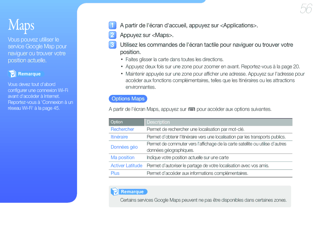 Samsung YP-G50EW/XEF manual Maps, Faites glisser la carte dans toutes les directions, Pour accéder aux options suivantes 