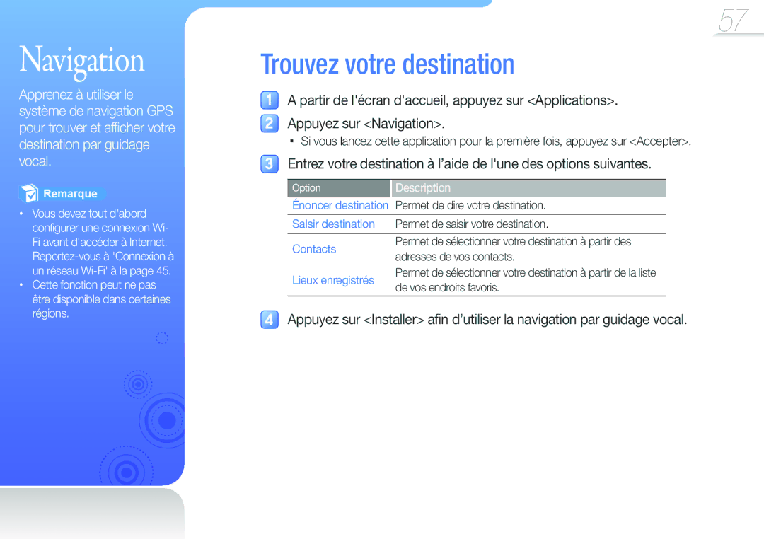 Samsung YP-G50CW/XEF, YP-G50EW/XEF Navigation, Trouvez votre destination, Salsir destination, Contacts, Lieux enregistrés 