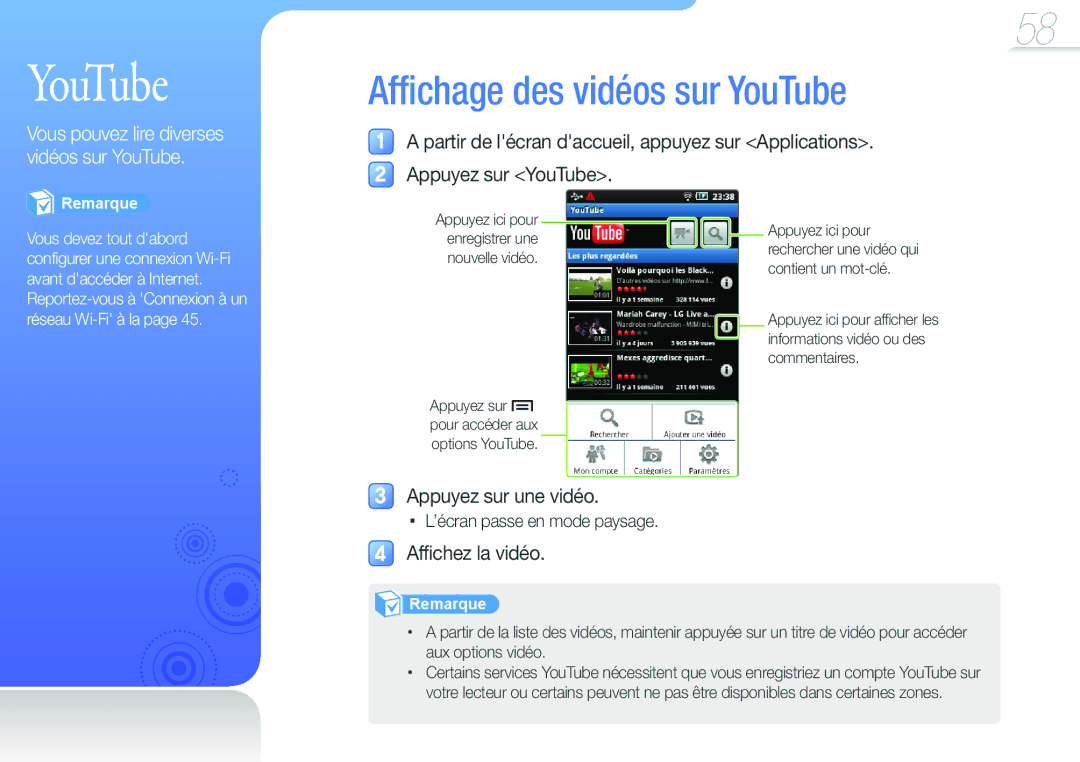 Samsung YP-G50EW/XEF, YP-G50CW/XEF manual Affichage des vidéos sur YouTube 