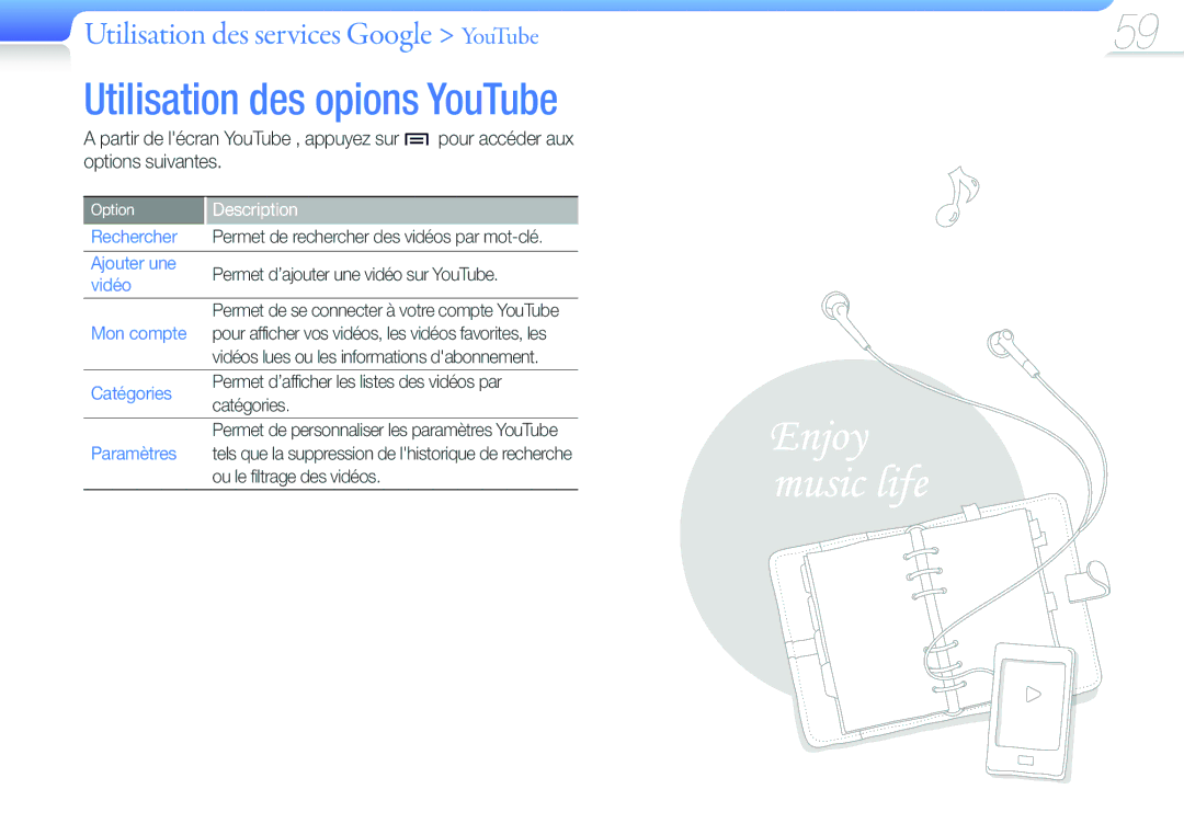 Samsung YP-G50CW/XEF, YP-G50EW/XEF manual Utilisation des opions YouTube, Utilisation des services Google YouTube 