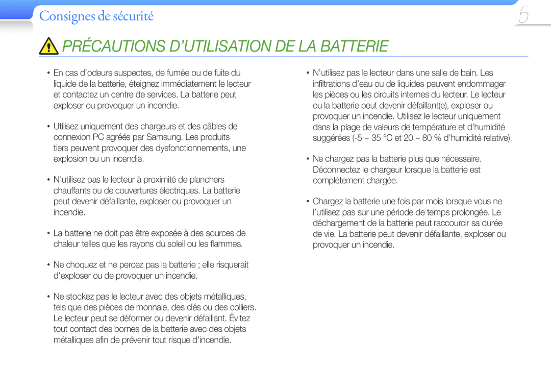 Samsung YP-G50CW/XEF, YP-G50EW/XEF manual Précautions D’UTILISATION DE LA Batterie 