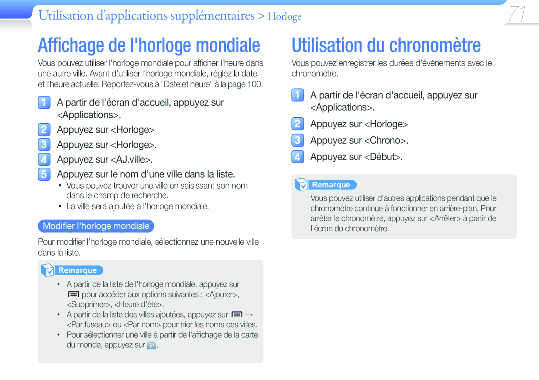 Samsung YP-G50CW/XEF, YP-G50EW/XEF manual Utilisation du chronomètre, Utilisation d’applications supplémentaires Horloge 