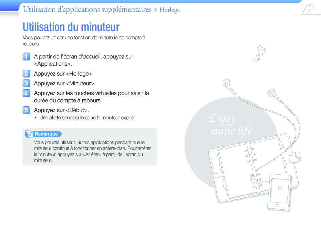 Samsung YP-G50EW/XEF, YP-G50CW/XEF manual Utilisation du minuteur, Appuyez sur Horloge Appuyez sur Minuteur 