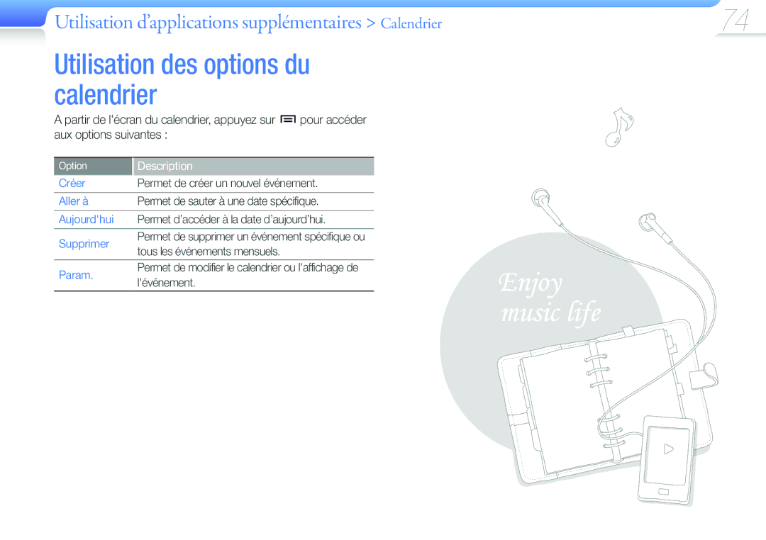 Samsung YP-G50EW/XEF, YP-G50CW/XEF manual Utilisation d’applications supplémentaires Calendrier, Aller à, Aujourdhui, Param 