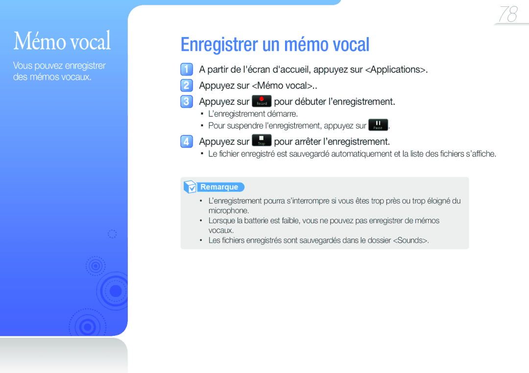 Samsung YP-G50EW/XEF, YP-G50CW/XEF manual Mémo vocal, Enregistrer un mémo vocal, Appuyez sur pour arrêter l’enregistrement 