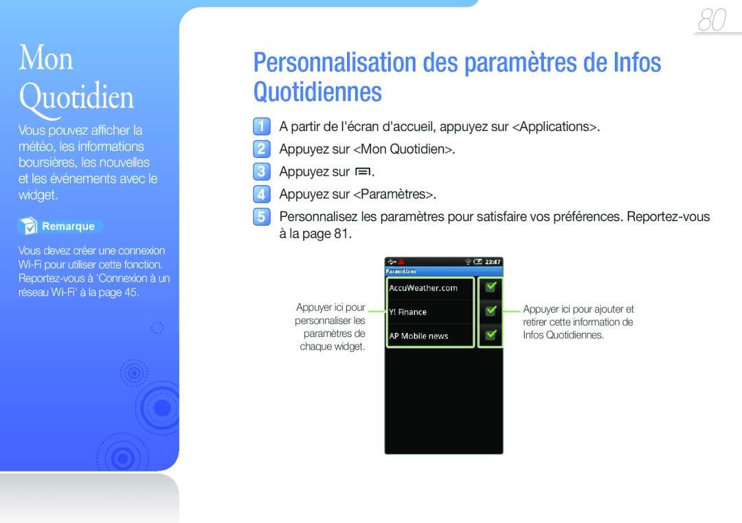 Samsung YP-G50EW/XEF, YP-G50CW/XEF manual Mon Quotidien, Personnalisation des paramètres de Infos Quotidiennes 