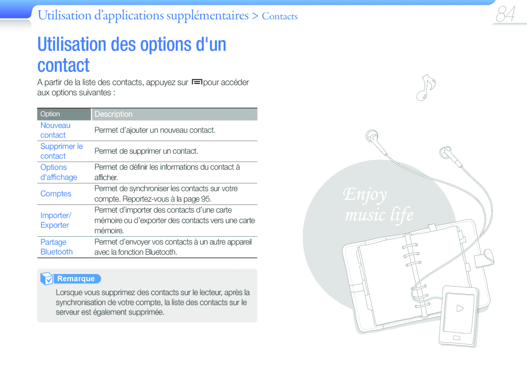 Samsung YP-G50EW/XEF manual Utilisation des options dun contact, Utilisation d’applications supplémentaires Contacts 