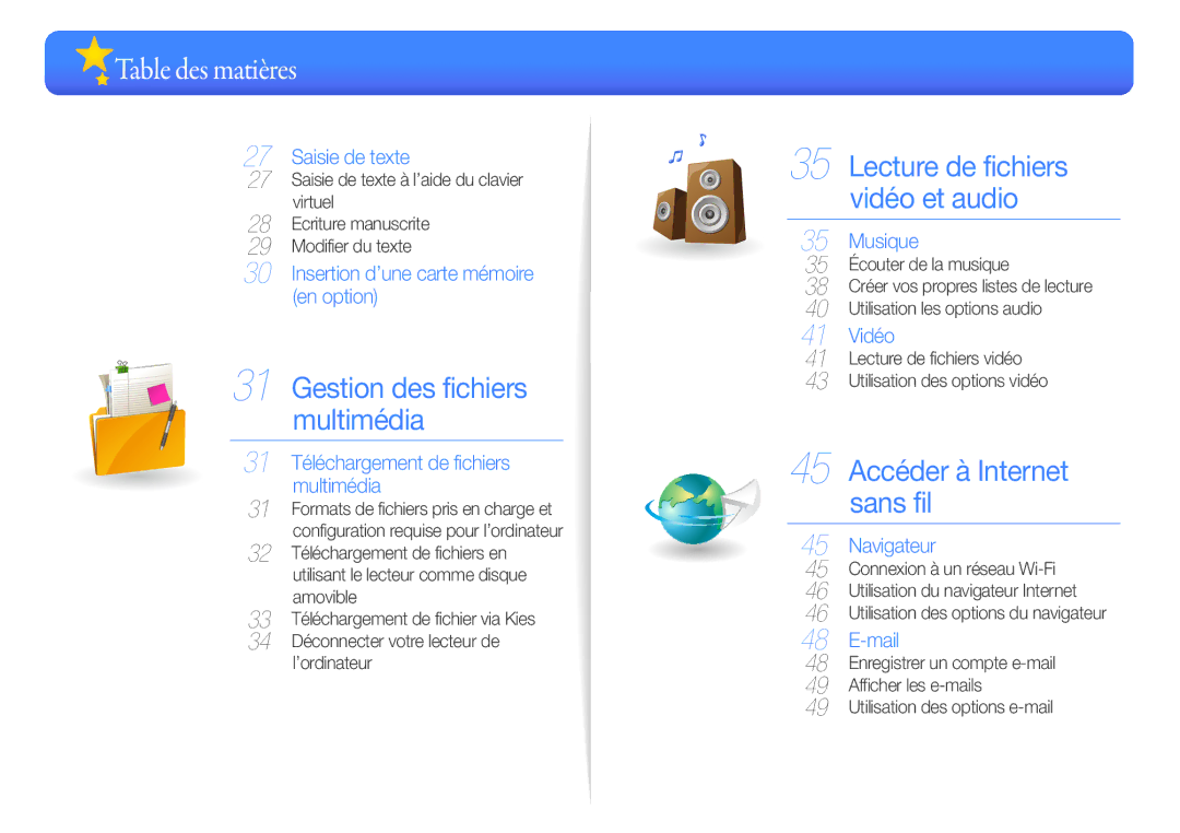 Samsung YP-G50CW/XEF, YP-G50EW/XEF manual Table des matières, Lecture de fichiers vidéo Utilisation des options vidéo 