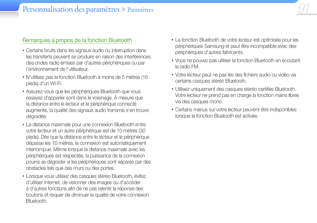 Samsung YP-G50CW/XEF, YP-G50EW/XEF manual Remarques à propos de la fonction Bluetooth 