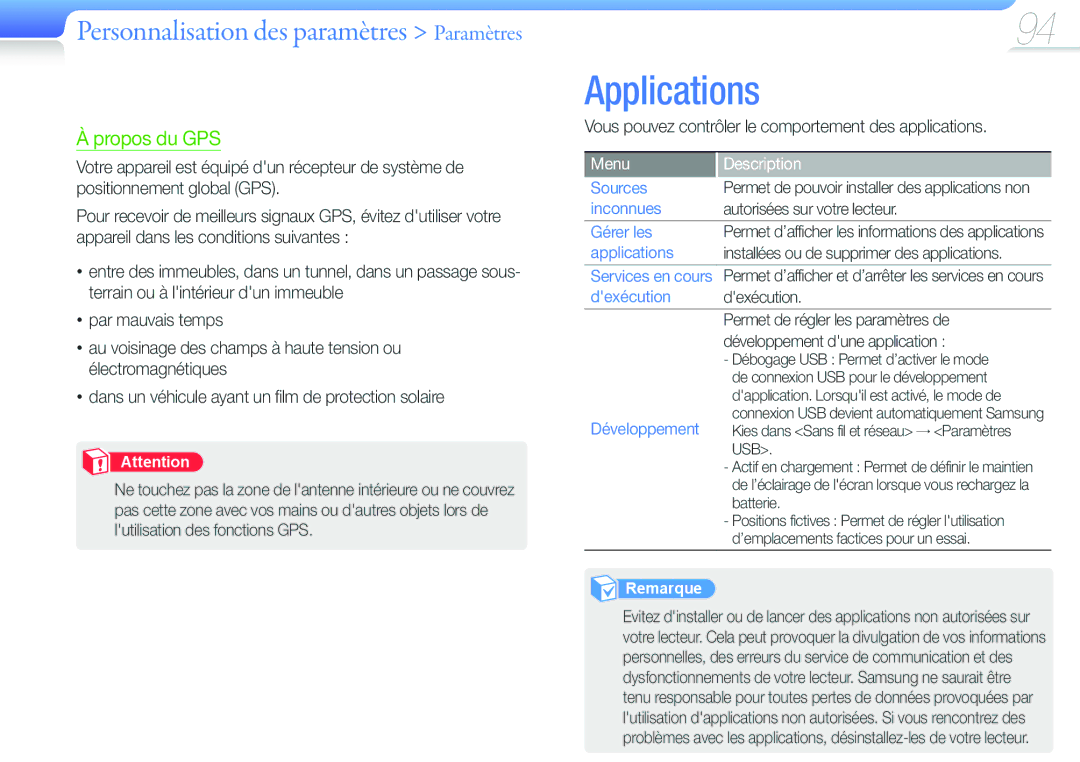 Samsung YP-G50EW/XEF, YP-G50CW/XEF manual Applications, Vous pouvez contrôler le comportement des applications 