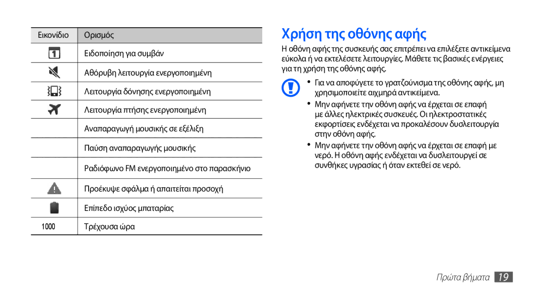 Samsung YP-G70CW/EUR Χρήση της οθόνης αφής, Προέκυψε σφάλμα ή απαιτείται προσοχή, Επίπεδο ισχύος μπαταρίας, Τρέχουσα ώρα 