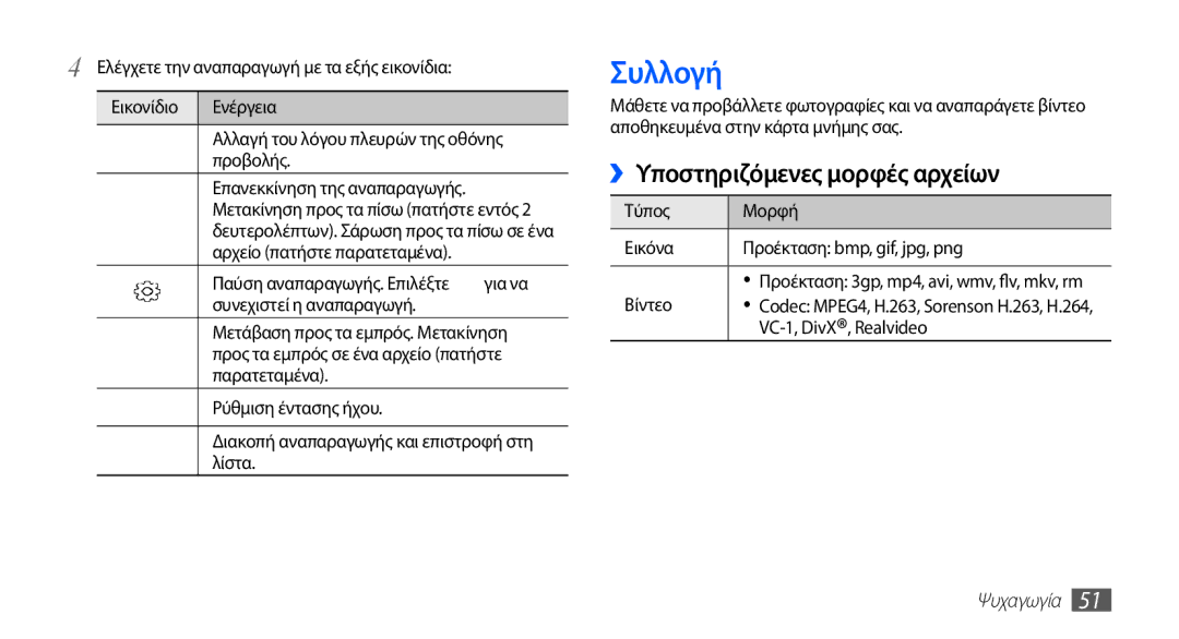 Samsung YP-G70CW/EUR, YP-G70CB/EUR manual Συλλογή, ››Υποστηριζόμενες μορφές αρχείων 