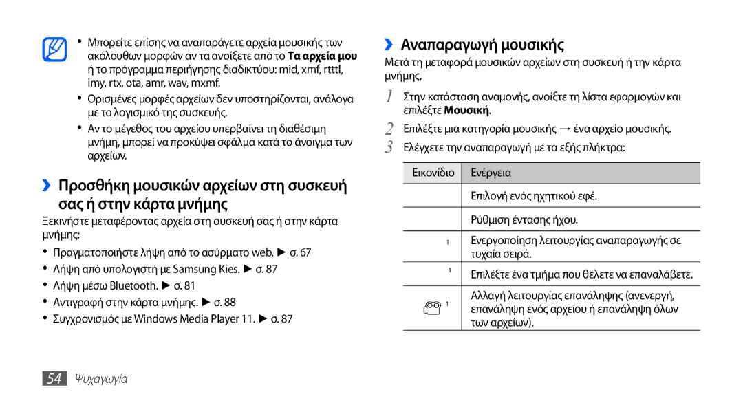 Samsung YP-G70CB/EUR, YP-G70CW/EUR manual ››Αναπαραγωγή μουσικής, Των αρχείων, 54 Ψυχαγωγία 