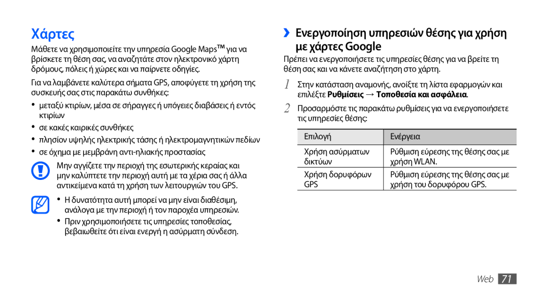 Samsung YP-G70CW/EUR Χάρτες, ››Ενεργοποίηση υπηρεσιών θέσης για χρήση με χάρτες Google, Δικτύων Χρήση Wlan Χρήση δορυφόρων 