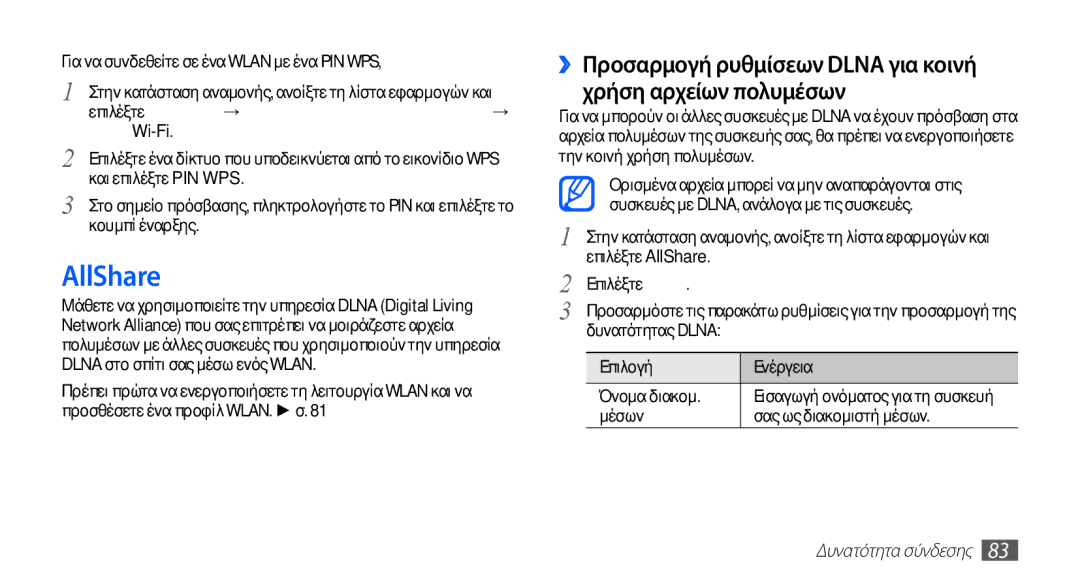 Samsung YP-G70CW/EUR, YP-G70CB/EUR manual AllShare, Μέσων Σας ως διακομιστή μέσων 