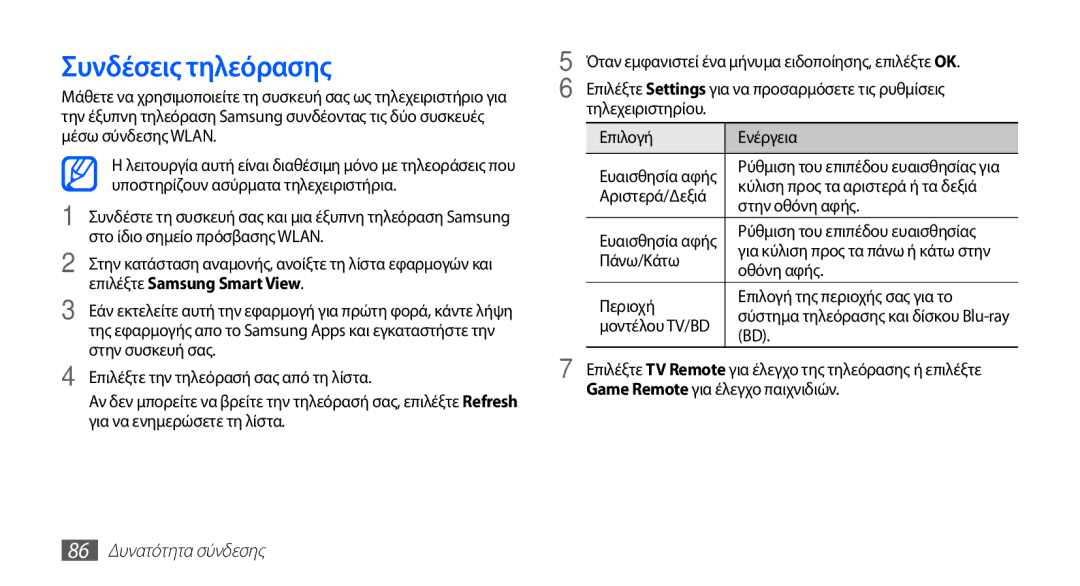 Samsung YP-G70CB/EUR, YP-G70CW/EUR manual Συνδέσεις τηλεόρασης, 86 Δυνατότητα σύνδεσης 