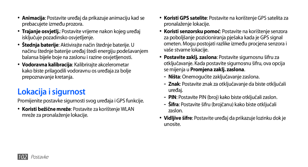 Samsung YP-G70EW/TRA, YP-G70CB/TRA, YP-G70EB/TRA, YP-G70CW/TRA manual Lokacija i sigurnost 