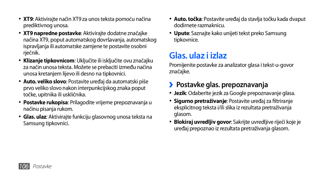 Samsung YP-G70EW/TRA, YP-G70CB/TRA, YP-G70EB/TRA, YP-G70CW/TRA manual Glas. ulaz i izlaz, ››Postavke glas. prepoznavanja 