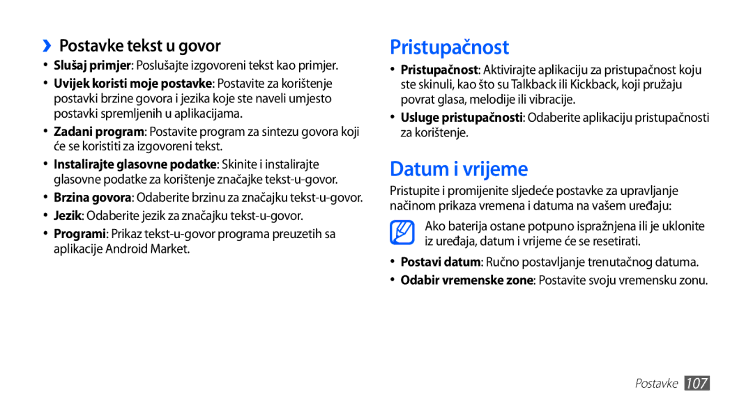 Samsung YP-G70CW/TRA, YP-G70CB/TRA, YP-G70EB/TRA, YP-G70EW/TRA manual Pristupačnost, Datum i vrijeme, ››Postavke tekst u govor 