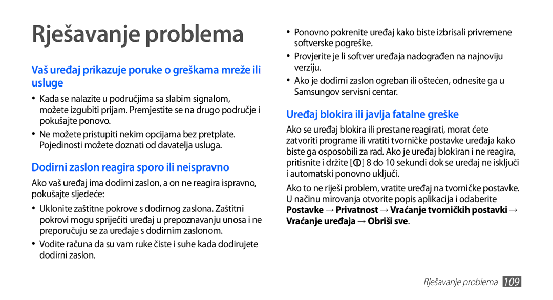 Samsung YP-G70EB/TRA, YP-G70CB/TRA manual Rješavanje problema, Vaš uređaj prikazuje poruke o greškama mreže ili usluge 