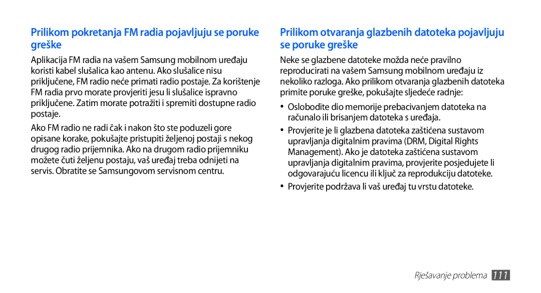 Samsung YP-G70CW/TRA, YP-G70CB/TRA, YP-G70EB/TRA, YP-G70EW/TRA manual Prilikom pokretanja FM radia pojavljuju se poruke greške 