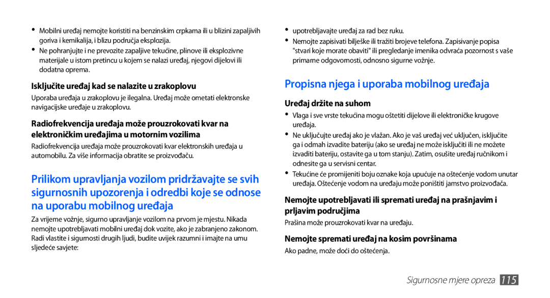 Samsung YP-G70CW/TRA manual Propisna njega i uporaba mobilnog uređaja, Isključite uređaj kad se nalazite u zrakoplovu 