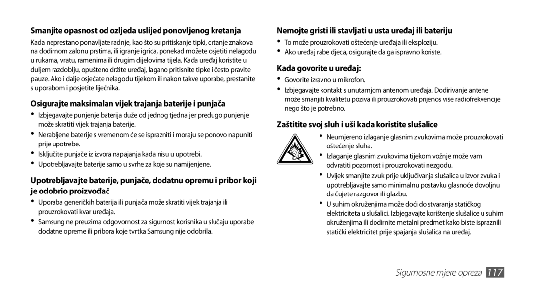 Samsung YP-G70EB/TRA, YP-G70CB/TRA, YP-G70EW/TRA, YP-G70CW/TRA manual Nemojte gristi ili stavljati u usta uređaj ili bateriju 