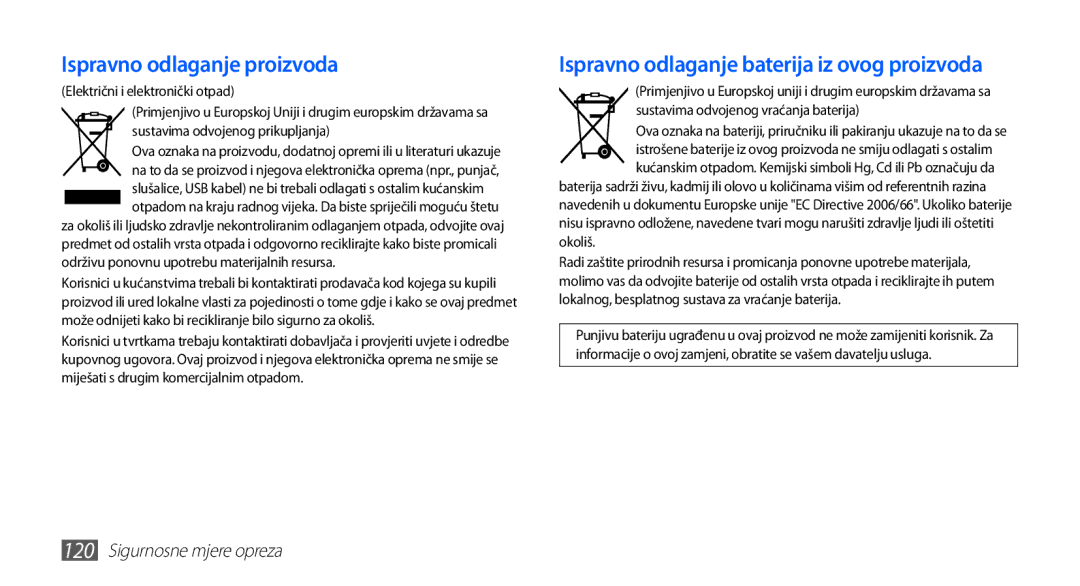 Samsung YP-G70CB/TRA, YP-G70EB/TRA manual Ispravno odlaganje proizvoda, Ispravno odlaganje baterija iz ovog proizvoda 