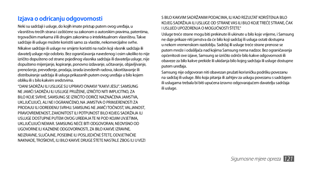 Samsung YP-G70EB/TRA, YP-G70CB/TRA, YP-G70EW/TRA, YP-G70CW/TRA manual Izjava o odricanju odgovornosti 