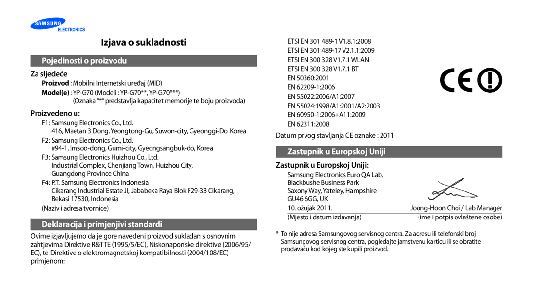 Samsung YP-G70EB/TRA, YP-G70CB/TRA, YP-G70EW/TRA, YP-G70CW/TRA manual Izjava o sukladnosti, Pojedinosti o proizvodu 