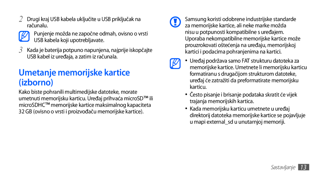 Samsung YP-G70EB/TRA Umetanje memorijske kartice izborno, Drugi kraj USB kabela uključite u USB priključak na računalu 