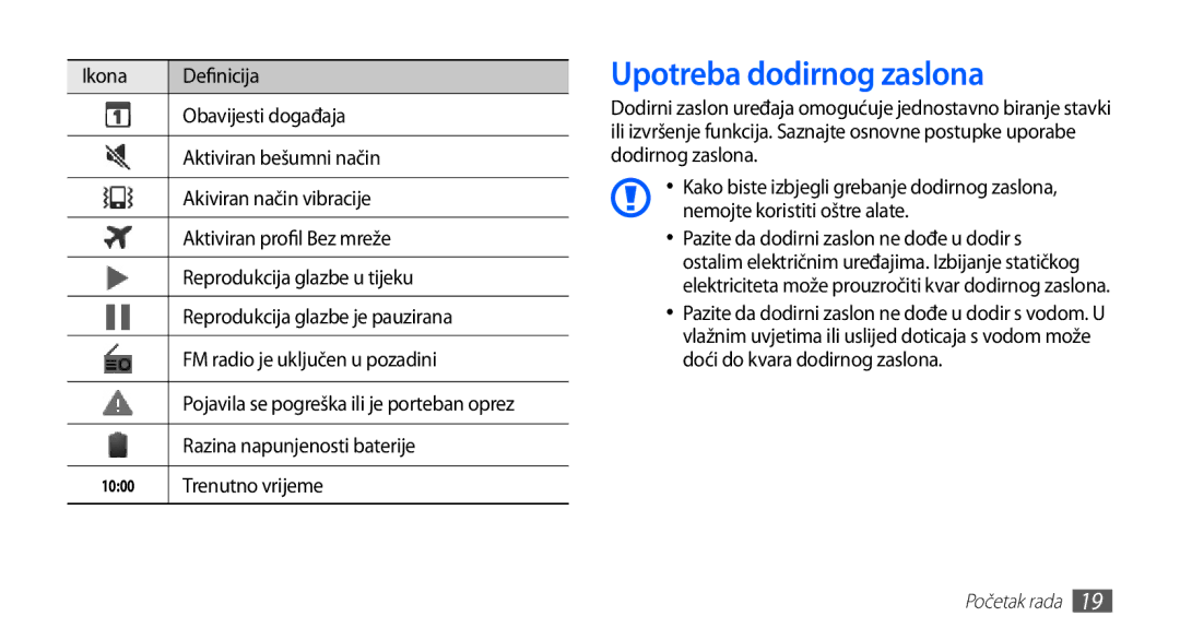 Samsung YP-G70CW/TRA, YP-G70CB/TRA, YP-G70EB/TRA Upotreba dodirnog zaslona, Razina napunjenosti baterije, Trenutno vrijeme 