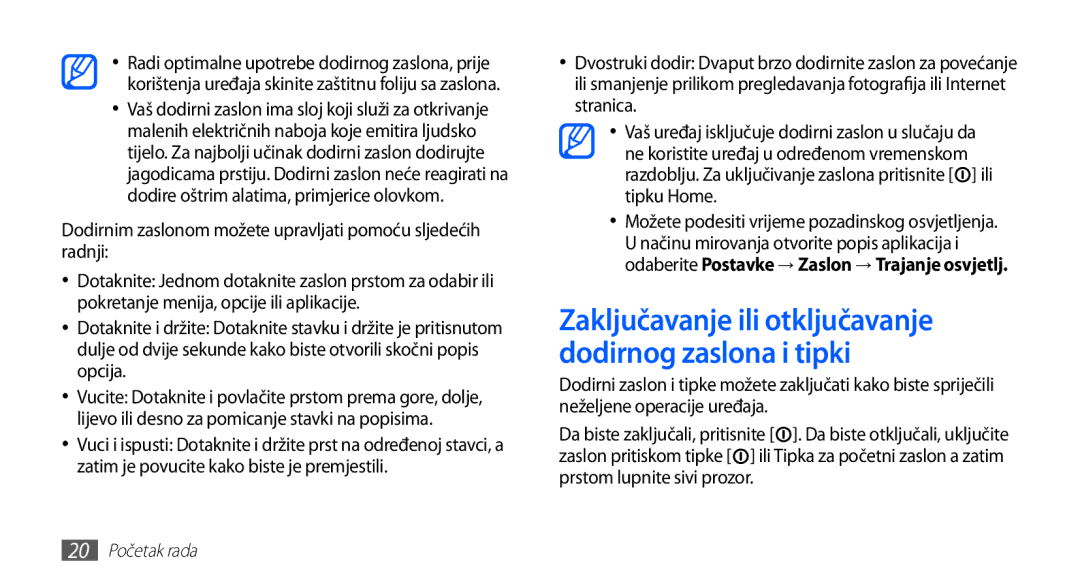 Samsung YP-G70CB/TRA, YP-G70EB/TRA, YP-G70EW/TRA, YP-G70CW/TRA manual Zaključavanje ili otključavanje dodirnog zaslona i tipki 