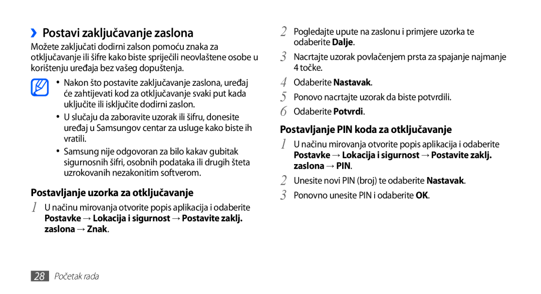 Samsung YP-G70CB/TRA ››Postavi zaključavanje zaslona, Zaslona → Znak, Zaslona → PIN, Ponovno unesite PIN i odaberite OK 