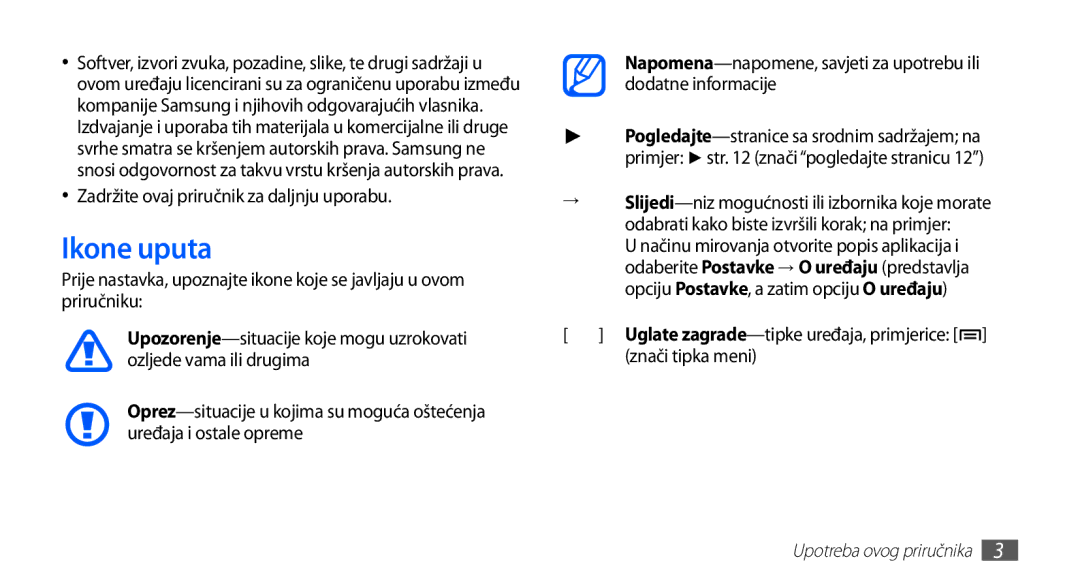 Samsung YP-G70CW/TRA, YP-G70CB/TRA, YP-G70EB/TRA Ikone uputa, Zadržite ovaj priručnik za daljnju uporabu, Znači tipka meni 