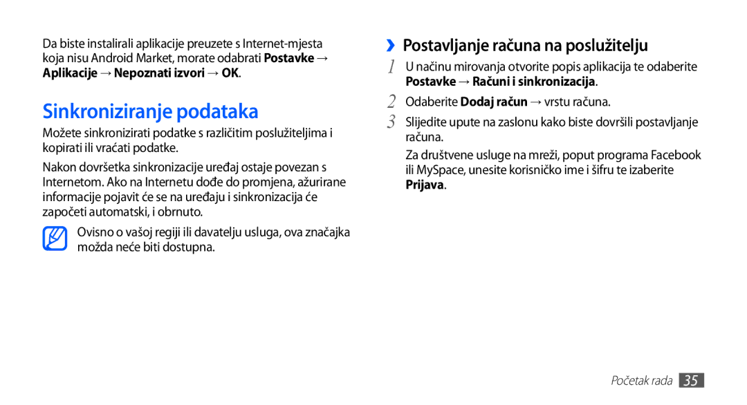 Samsung YP-G70CW/TRA Sinkroniziranje podataka, ››Postavljanje računa na poslužitelju, Postavke → Računi i sinkronizacija 