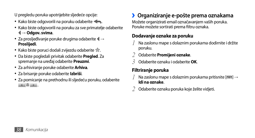 Samsung YP-G70EW/TRA manual ››Organiziranje e-pošte prema oznakama, → Odgov. svima, Proslijedi, Odaberite Promijeni oznake 