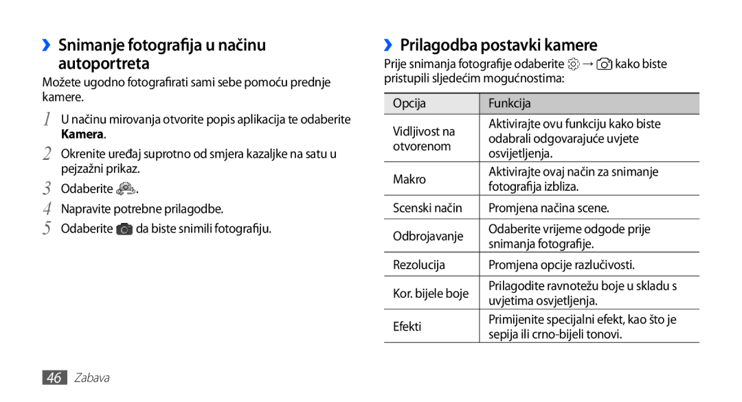 Samsung YP-G70EW/TRA, YP-G70CB/TRA, YP-G70EB/TRA ››Snimanje fotografija u načinu autoportreta, ››Prilagodba postavki kamere 