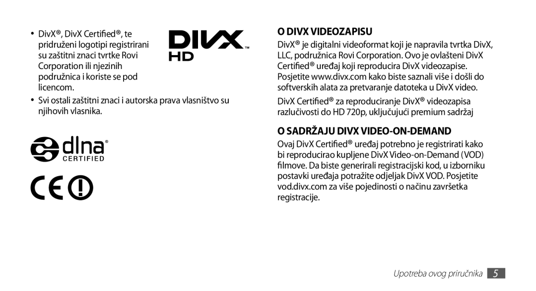 Samsung YP-G70EB/TRA, YP-G70CB/TRA, YP-G70EW/TRA, YP-G70CW/TRA manual Sadržaju Divx VIDEO-ON-DEMAND 