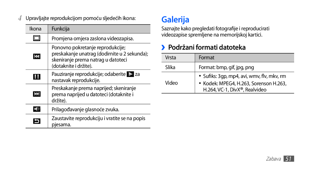 Samsung YP-G70CW/TRA, YP-G70CB/TRA, YP-G70EB/TRA, YP-G70EW/TRA manual Galerija, ››Podržani formati datoteka 